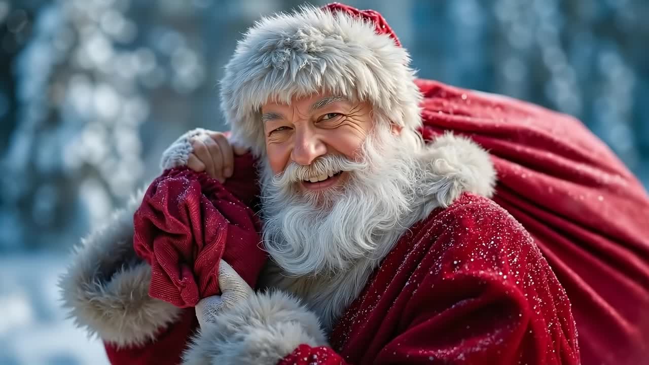 A man dressed as Santa Claus carrying a sack of presents in the snow