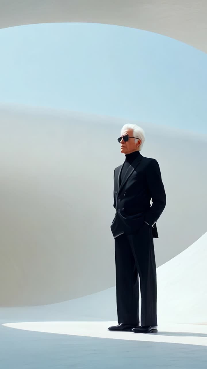 A Distinctive Fashion Figure Standing Against a Sculptural Background, Capturing the Essence of Modern Elegance with a Stylish Silhouette and Unique Atmosphere