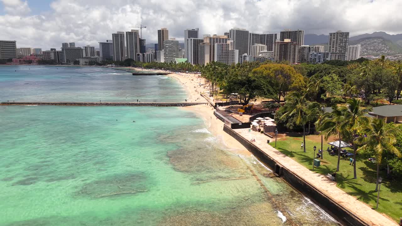 Vibrant tropical cityscape of Waikiki Beach and Honolulu in Oahu Hawaii