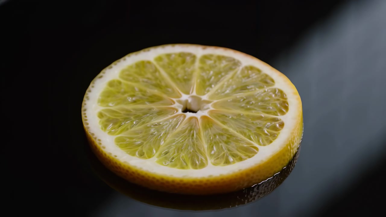 Primo piano di una singola fetta di agrume che poggia su una superficie nera lucida, che mostra polpa, scorza e semi sotto una luce direzionale soffusa con uno sfondo scuro sfocato.