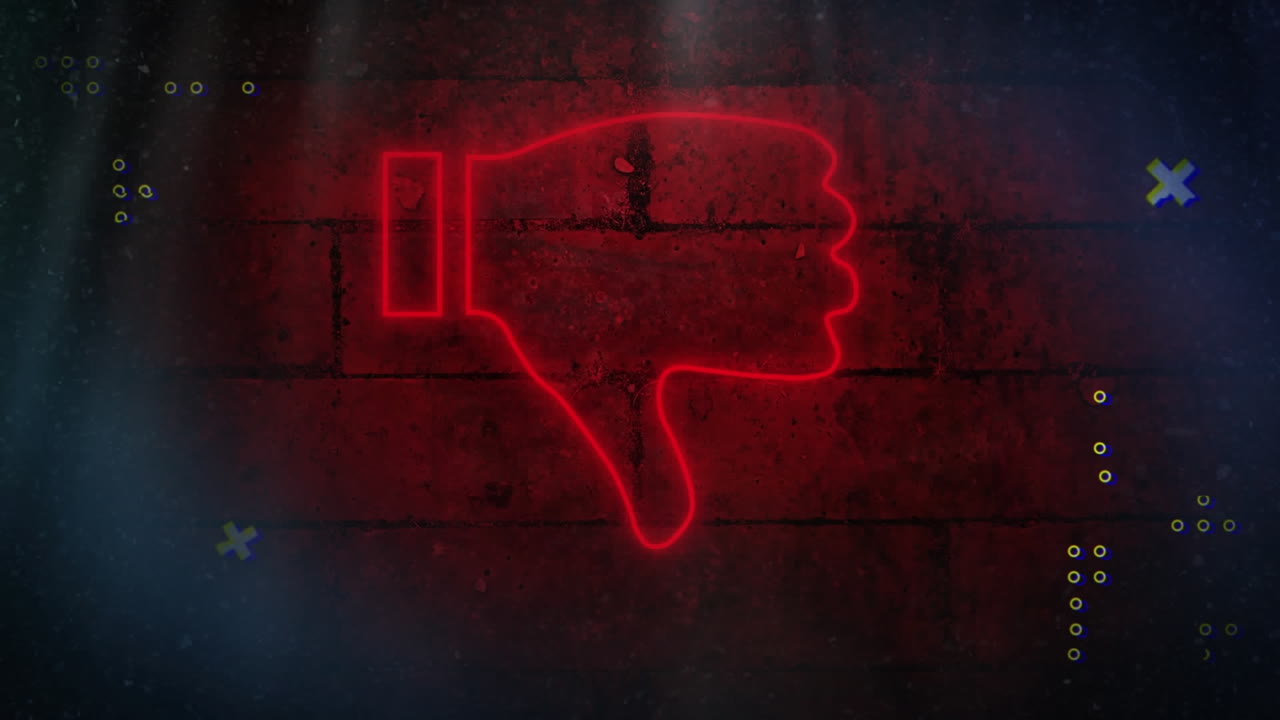 벽돌 벽에 대한 네온 빨간색 혐오 아이콘 위에 추상적인 모양의 디지털 애니메이션