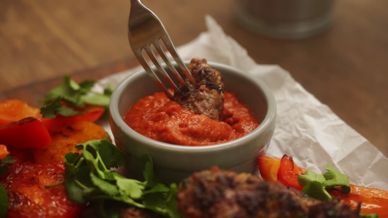 살사 소스와 함께 살리스베리 스테이크를 먹는 익명의 사람