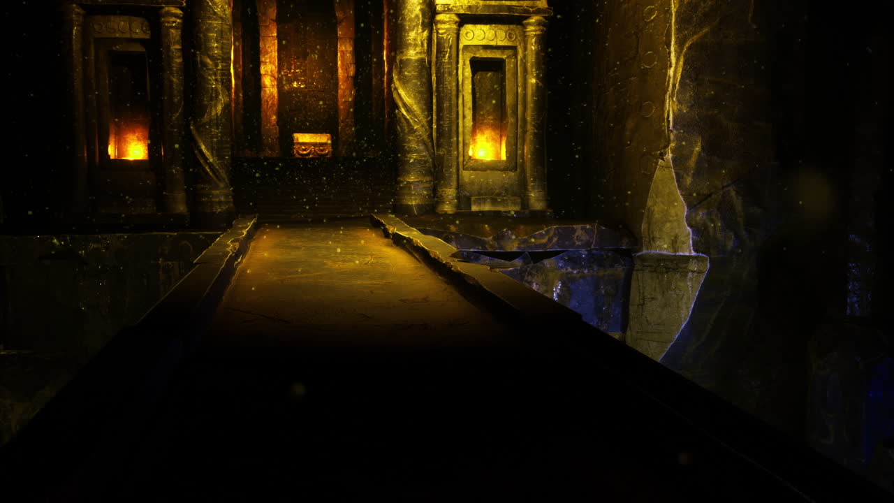 interior del templo místico con elementos brillantes en un entorno oscuro