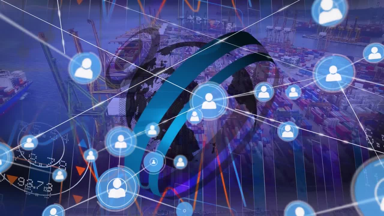 포트 오버 아이콘으로 연결된 글로브와 네트워크의 애니메이션