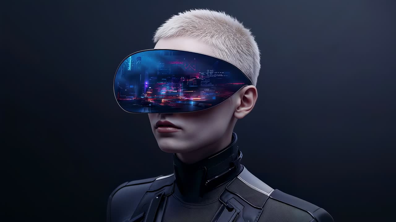 Head turning, person in collared tech suit centering in dark studio, visor lowering neon city glow