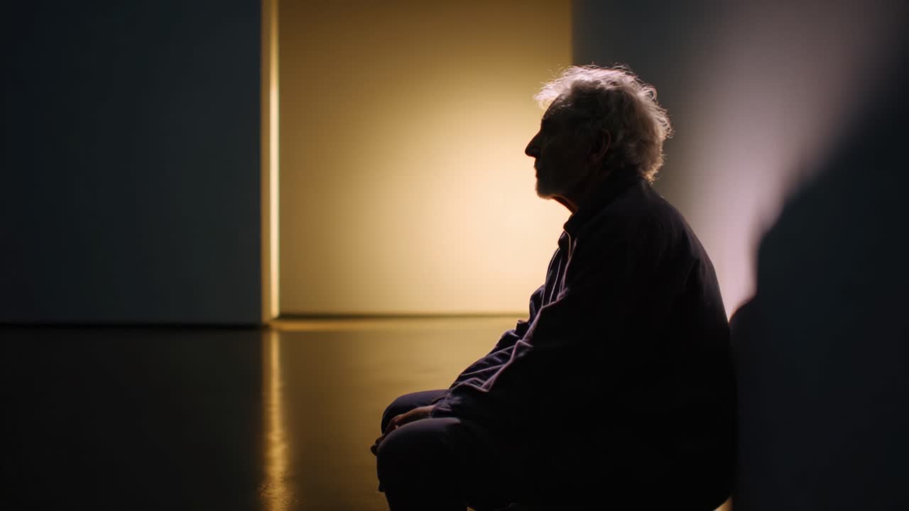 A Thoughtful Moment Captured: An Elderly Man Reflecting in a Dimly Lit Space with a Warm Glow, Contemplating Life's Journeys and Experiences in Solitude
