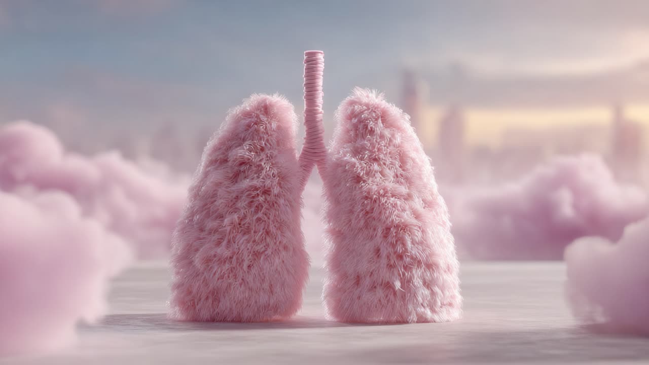 A Surreal Representation of Lungs: Fluffy, Pink Structures Surrounded by a Dreamy Atmosphere Evoking Thoughts on Breathing and Vitality