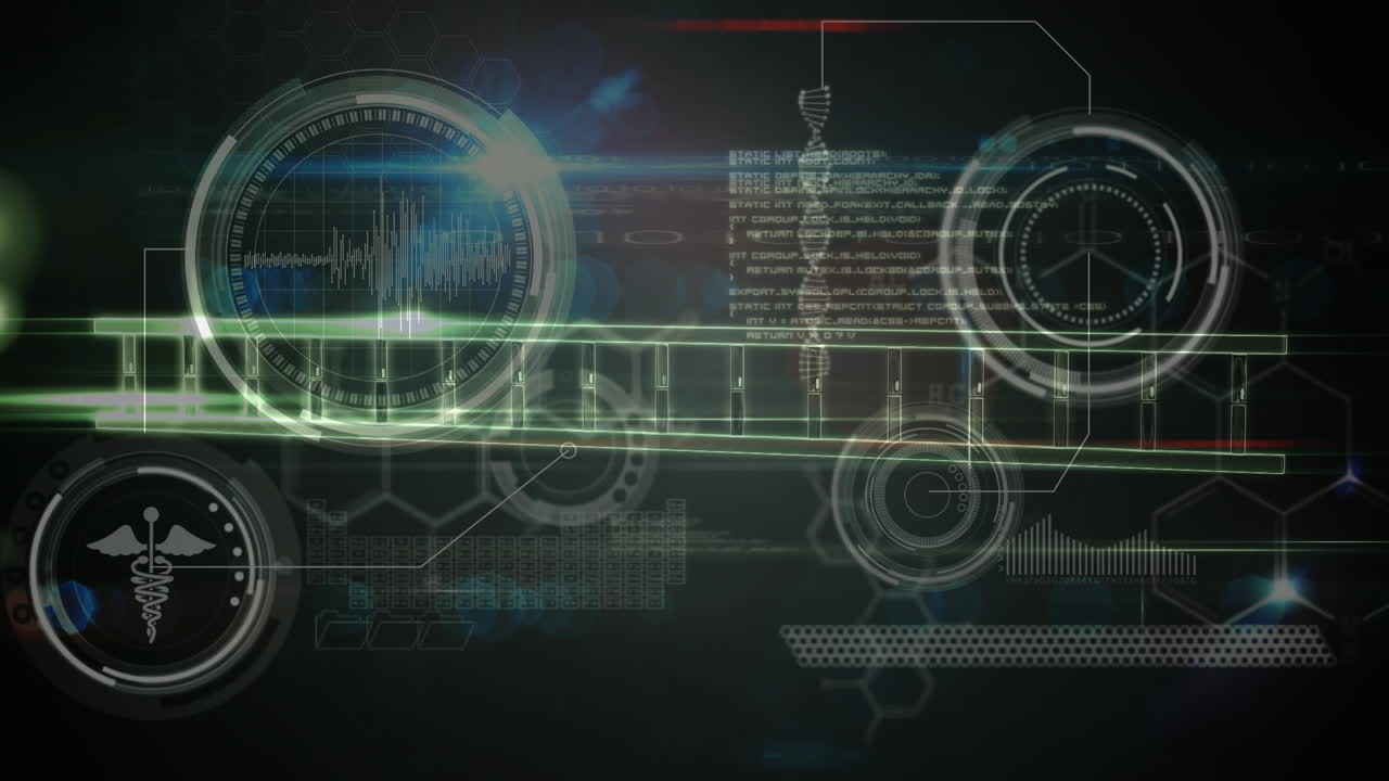 Animation of dna strand over data processing on black background
