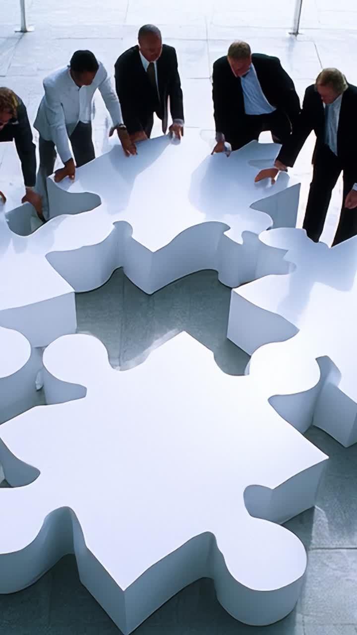 Collaborative Engagement Among Professionals as They Assemble Large Puzzle Pieces to Form a Unified Structure in a Modern Business Environment