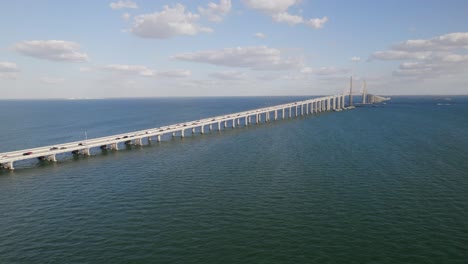 a stunning bird's-eye view of the sunshine skyway bridge stretching across the waters of st. petersburg, florida, on a clear, sunny day.