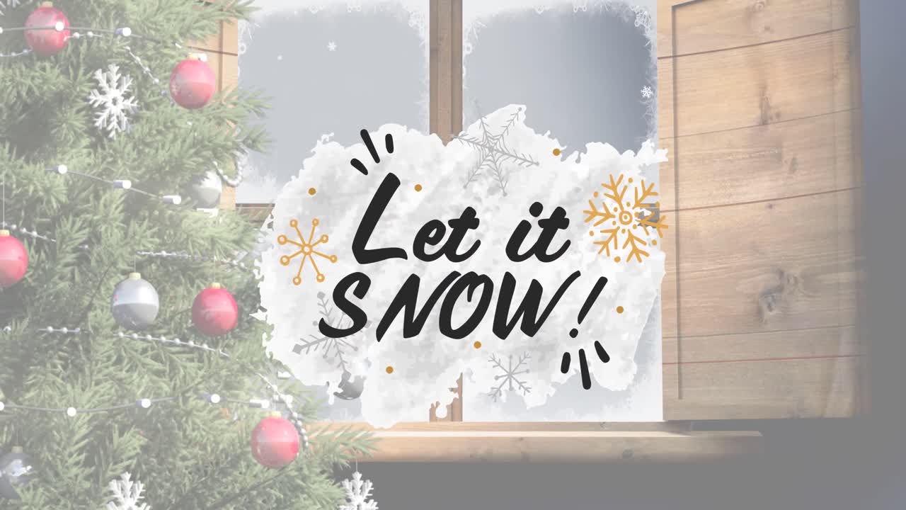 겨울에 눈이 내리는 창문 위에 눈이 내리는 크리스마스 텍스트 애니메이션