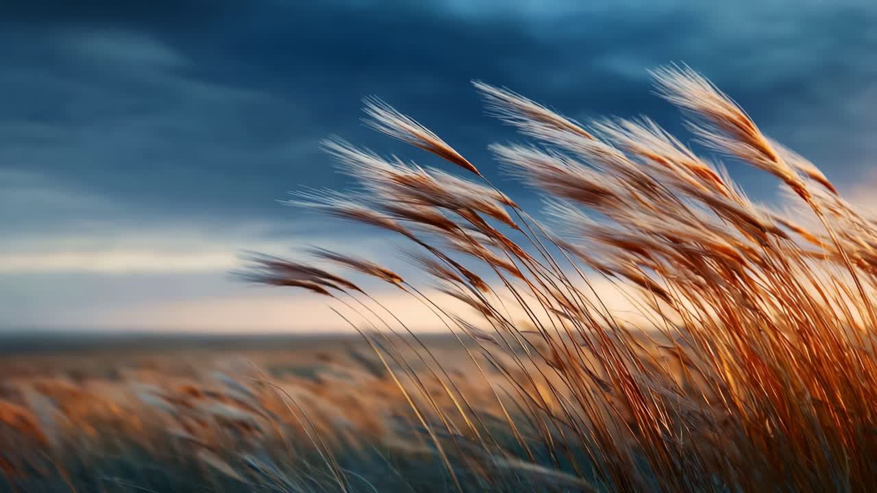 Enchanting Landscape with Golden Grasses Dancing in the Wind Under a Moody Skyline at Dusk, Capturing the Beauty of Nature’s Unfolding Stories and Serenity