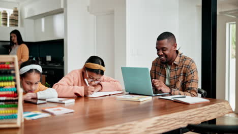 Laptop,-remote-work-father-and-kids-home-school