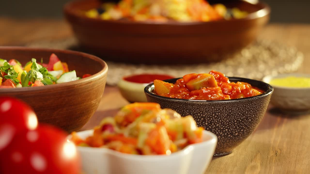cocina marroquí. tajine, plato tradicional hecho de cordero y berenjena, ensalada de verduras. cultura de oriente medio. couscous con carne de carnero de cerca, arroz delicioso. comida casera.