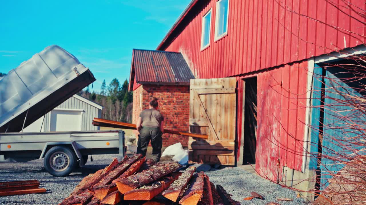 A Man Unloads Fresh Logs From the Back of a Truck - Static Shot