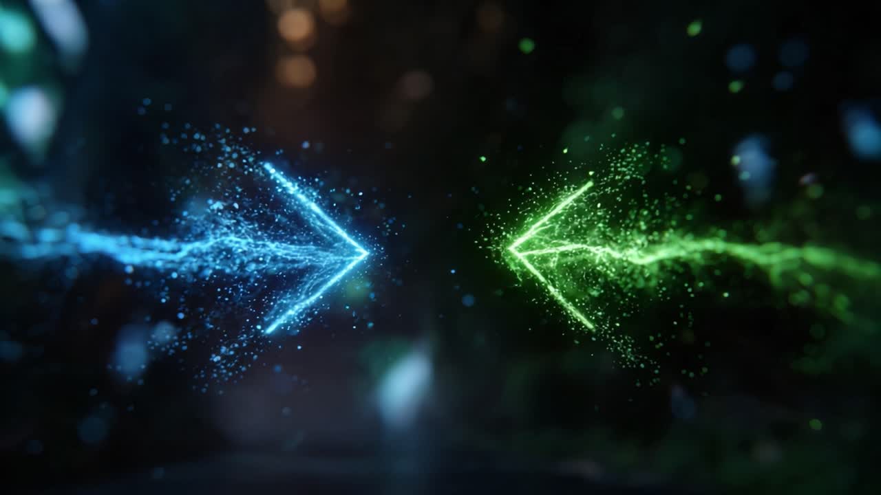 Dynamic Flow of Energetic Particles: A Visual Representation of Blue and Green Energy Streams in Motion, Highlighting Motion and Contrast in a Dark Environment