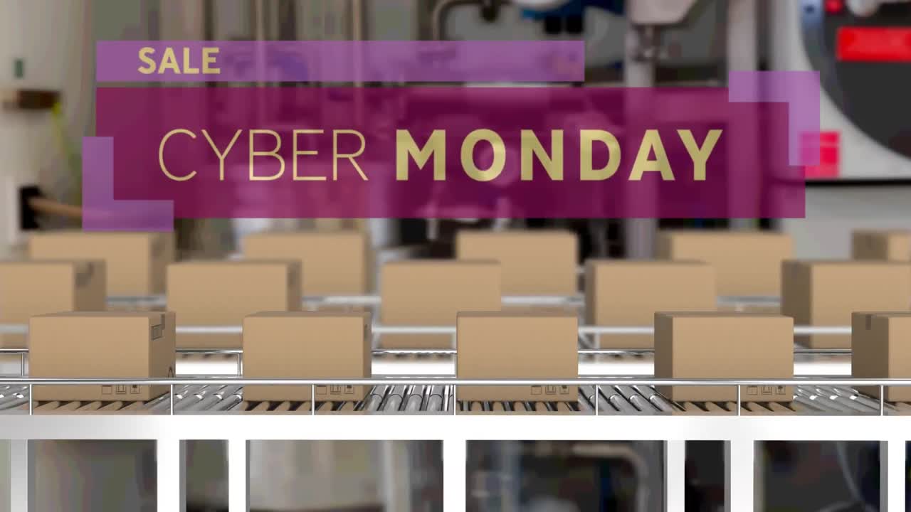 컨베이어 벨트에 있는 카드보드 상자 위에 있는 사이버 월요일 판매 텍스트의 애니메이션