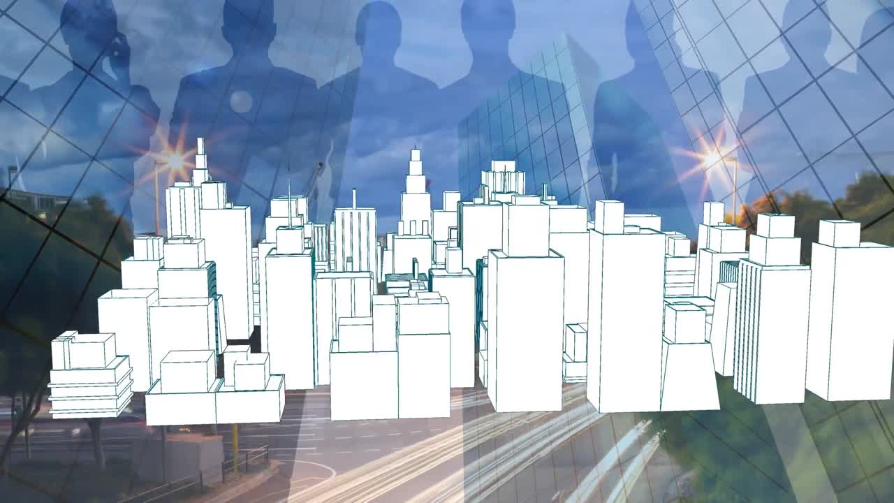 도시 풍경 위의 3d 도시 모델의 애니메이션