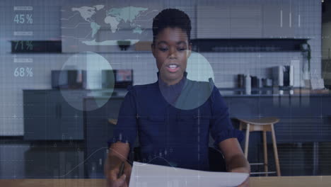 animation of infographic interface over african american woman discussing reports on video call