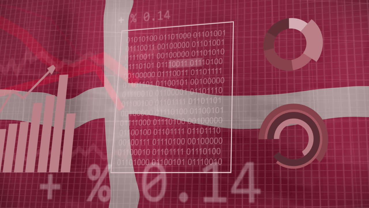 Animation of statistics and data processing over waving flag of denmark