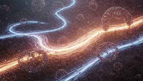 a surreal journey through a glittering stream of light and energy, flowing through an enchanted landscape filled with dreamlike orbs and shimmering particles