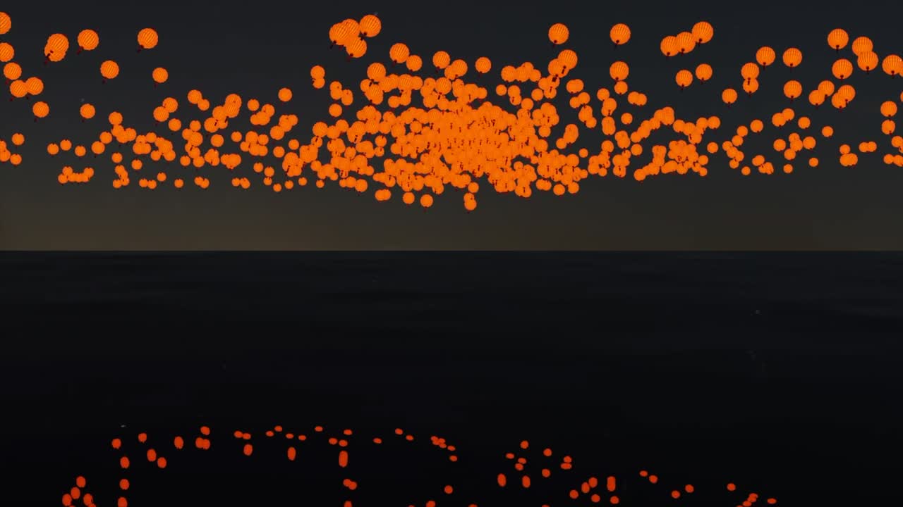 추상적인 오렌지색 입자가 어두운 배경에 모여 퍼져 있습니다. - 반사와 함께 밝은 구의 구름.