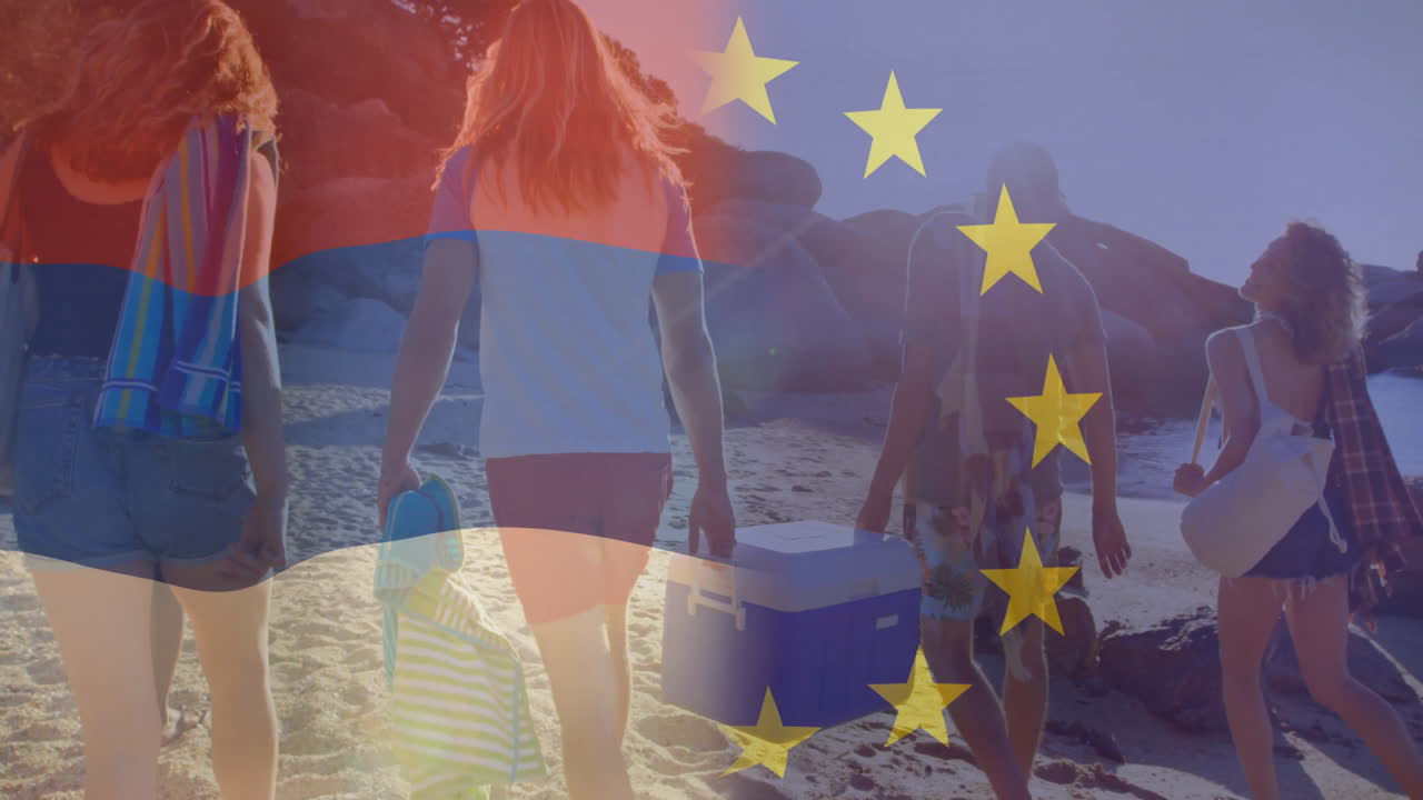 Walking on beach, friends with animation of EU and Dutch flags overlay