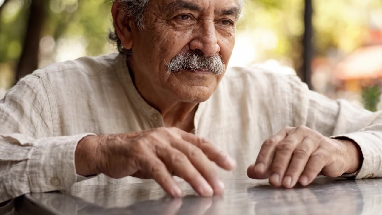 Un Hombre Mayor Reflexionando sobre la Vida, Transicionando de la Contemplación al Compromiso Alegre, Mostrando la Profundidad de la Emoción Humana a Través de Gestos Expresivos