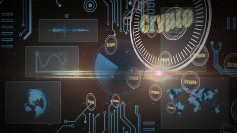 displaying crypto data, digital interface with circuit patterns over animated world map