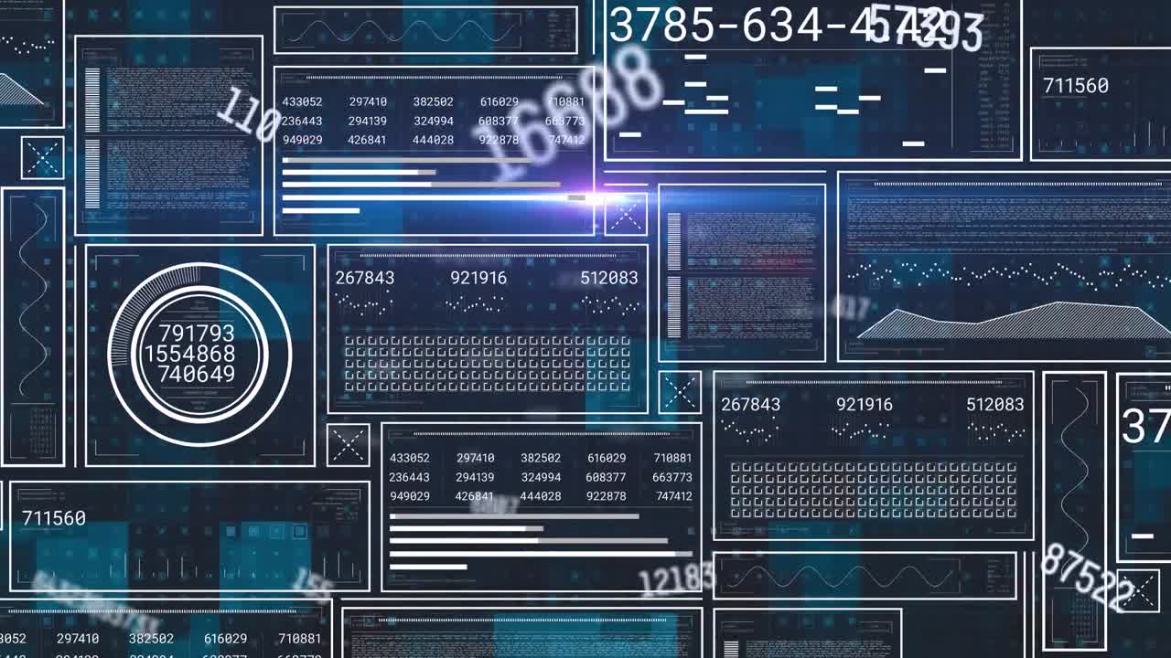 animación de interfaces con procesamiento de datos y cambios de números contra un fondo azul.