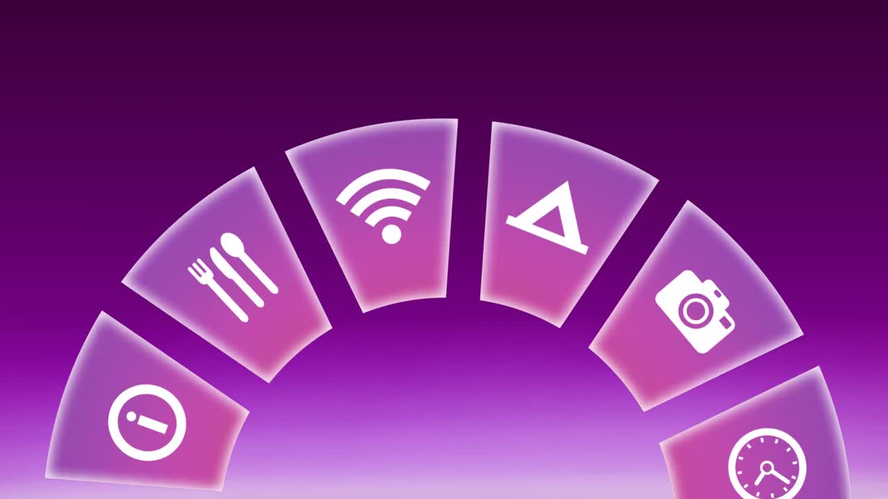 animación de iconos de viaje girando sobre un fondo rosa