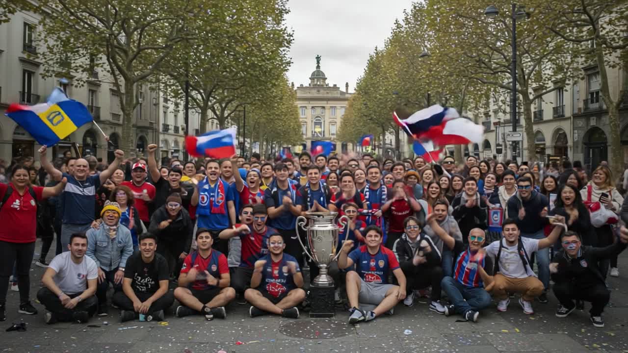Celebrating Victory: A Thriving Crowd of Enthusiastic Fans Gather to Commend Their Team's Triumph with Flags and a Glorious Trophy in a Spectacular Urban Setting