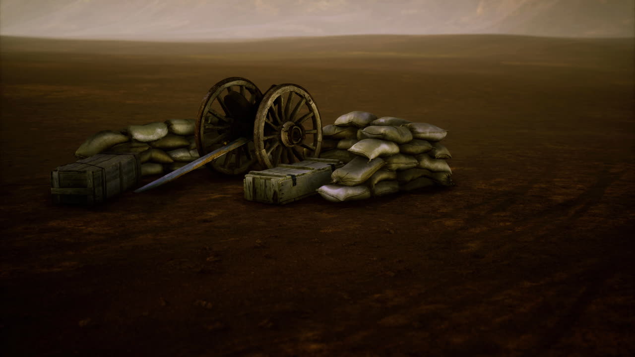Historic battlefield setup with cannon and sandbags in arid landscape