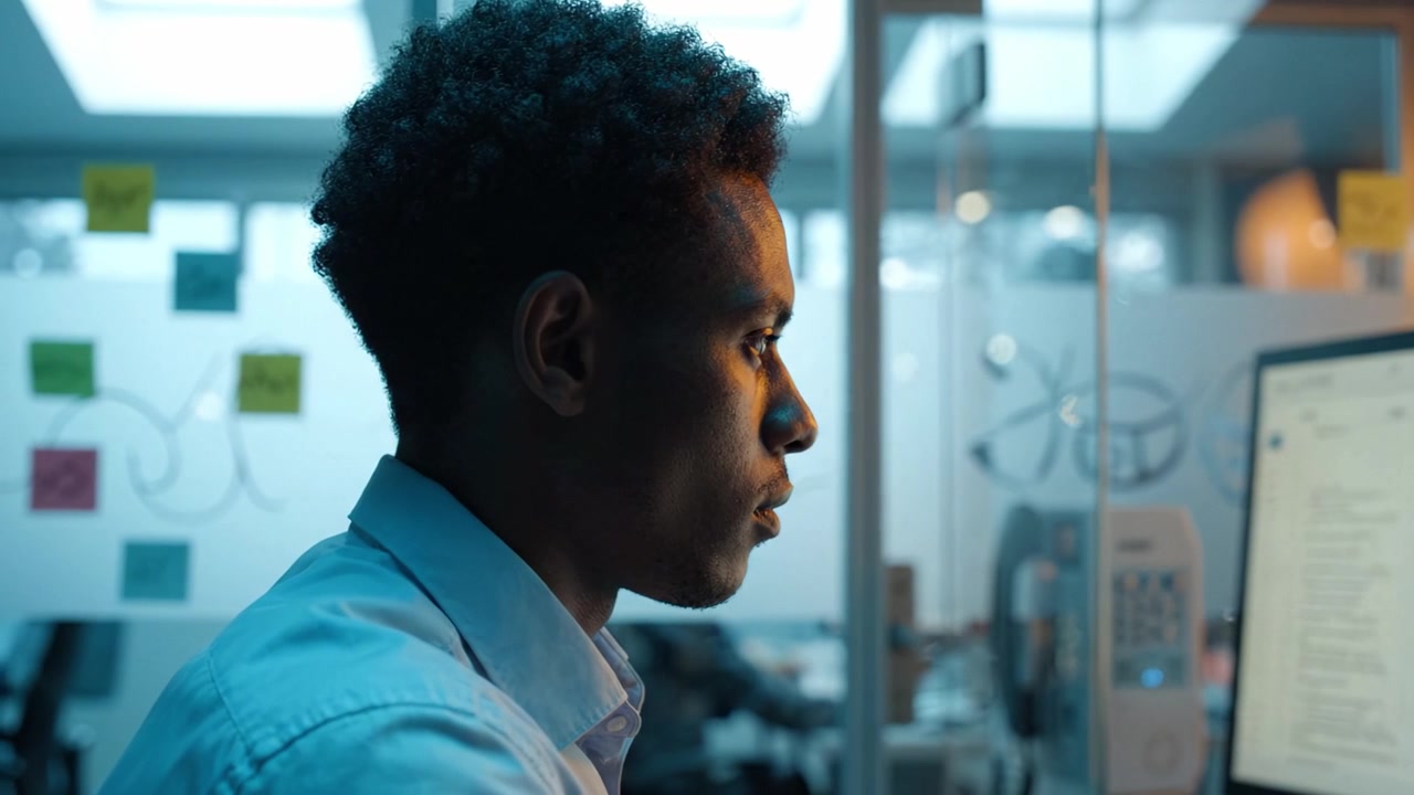 Focused individual in an office setting, engaged with computer work, illuminated by a soft blue light, representing the modern workplace and concentration.