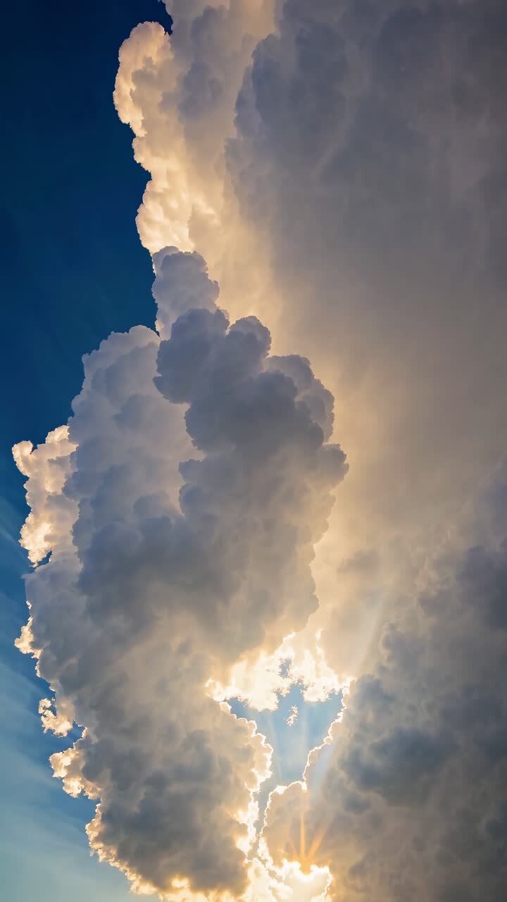 Dramatic upward angle captures towering clouds with sunlight streaming through, creating a cinematic