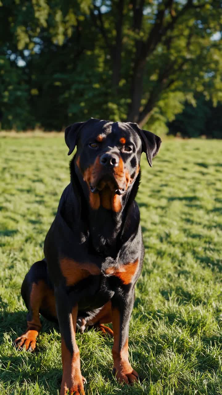 Un Rottweiler seduto sull'erba rigogliosa in un parco, ripreso da un'angolazione bassa, che ne mette in risalto la corporatura robusta