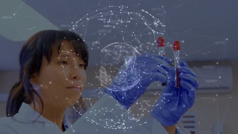 animación de la red de conexiones sobre una trabajadora de laboratorio asiática con muestras
