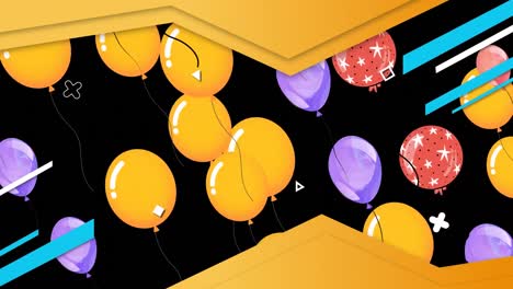 Animation-Von-Bunten-Luftballons-über-Orangefarbener-Geometrischer-Form-Auf-Dunklem-Hintergrund