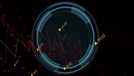 Animation-of-data-processing-over-security-shield-icon-on-round-scanner-against-black-background