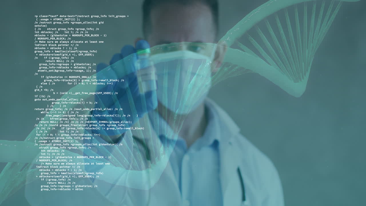 Animation of dna strand spinning over male doctor holding vaccine and wearing face mask