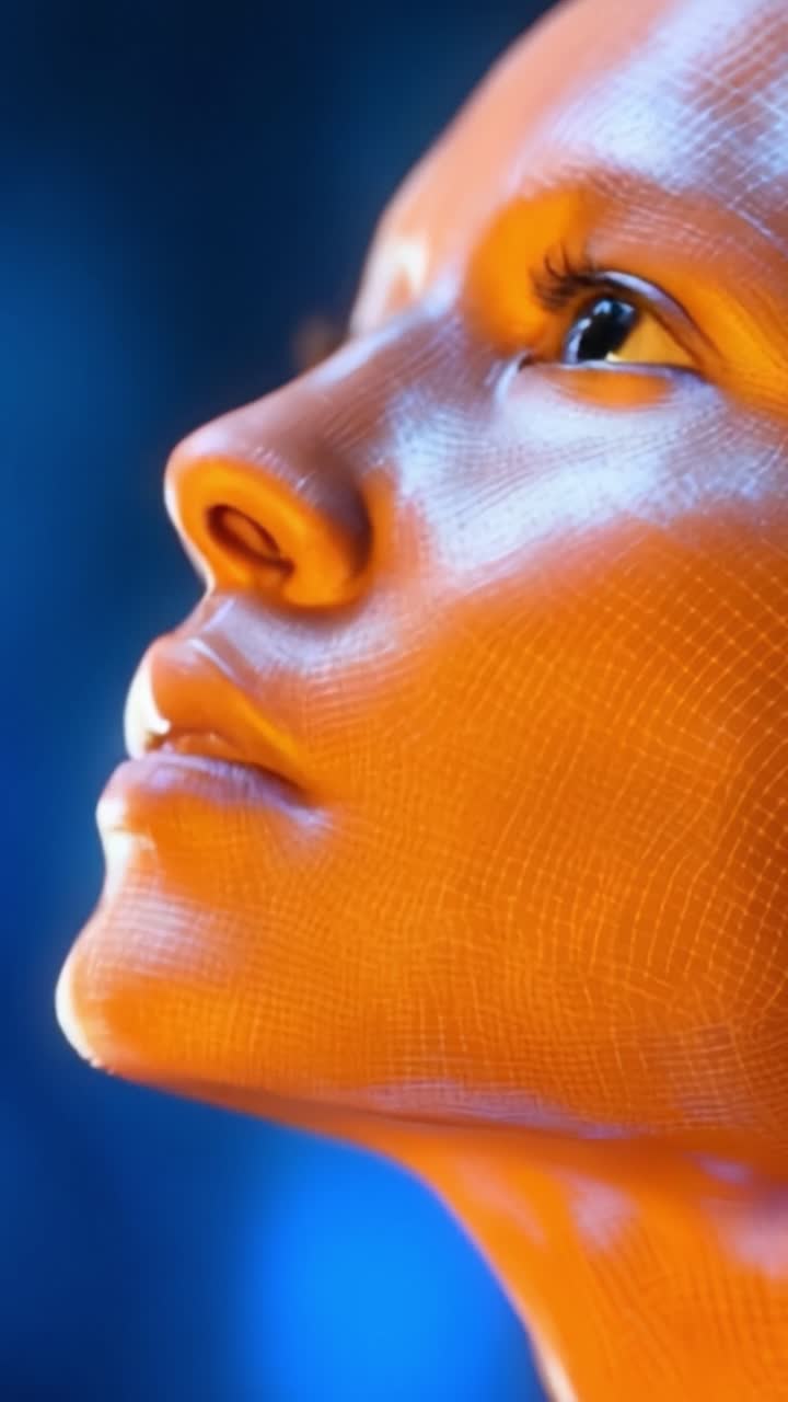 Uma exploração em close-up de um rosto cibernético futurista com uma textura de rede única, capturando a essência da estética digital avançada e características semelhantes às humanas.