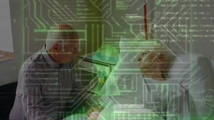 Animation of data and digital padlock over caucasian senior couple talking on hospital bed
