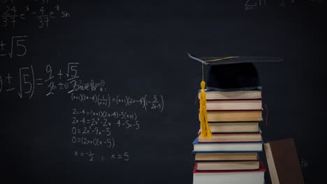 graduation cap on top of a pile of books and mathematical equations and graphs