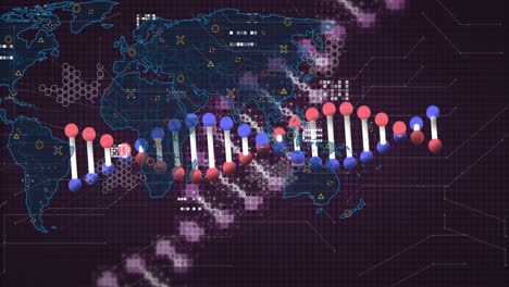 Animación-De-La-Cadena-De-ADN-Sobre-El-Mapa-Mundial-Sobre-Fondo-Negro