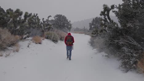 aventurándose a través de la tormenta de nieve con una bolsa de equipo