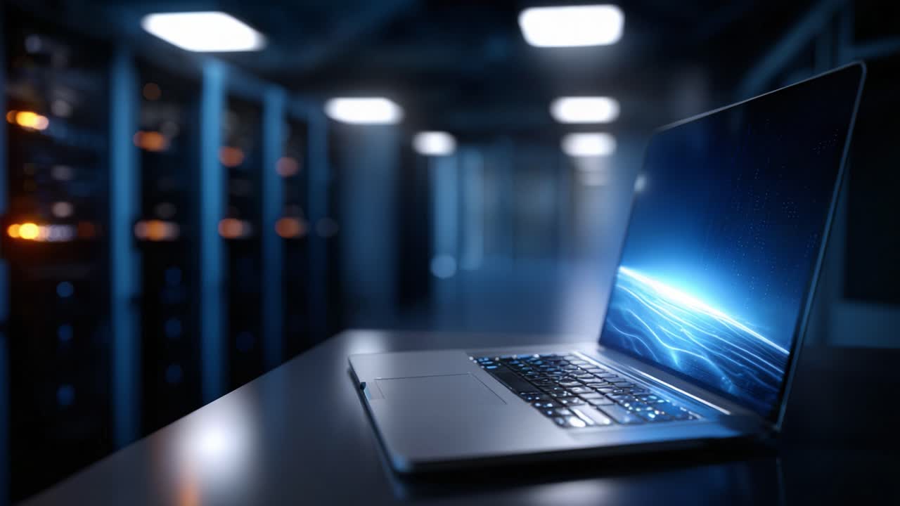 A sleek laptop computer displays a glowing abstract landscape, set against the backdrop of a high-tech server room illuminated by soft lights and data storage units
