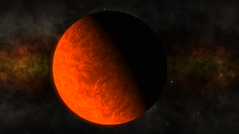 cgi primer plano del planeta alienígena naranja nublado moviéndose hacia la cámara con una nube de nebulosa ardiente en el fondo, espacio profundo, vista amplia