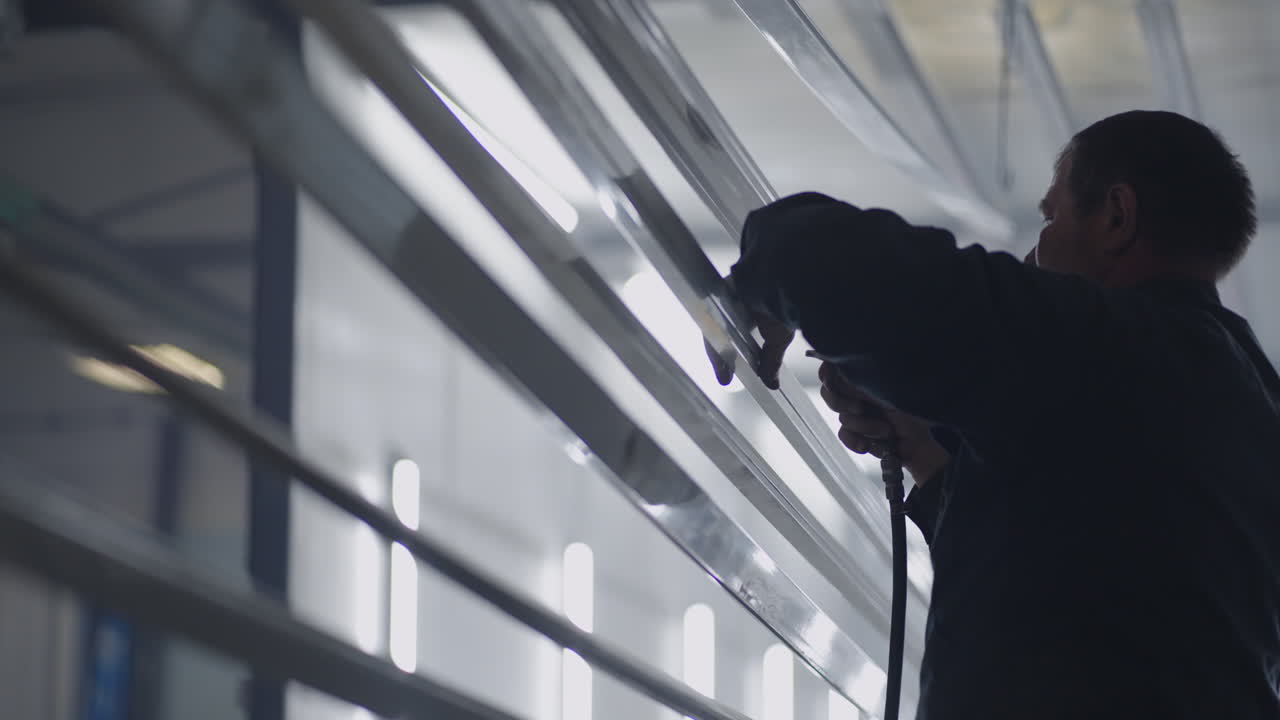 molar taller y trabajador procesa perfiles de acero de polvo y partículas antes de pintar en cámara lenta