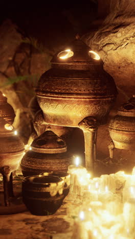 ancient candles and lamps in a cave