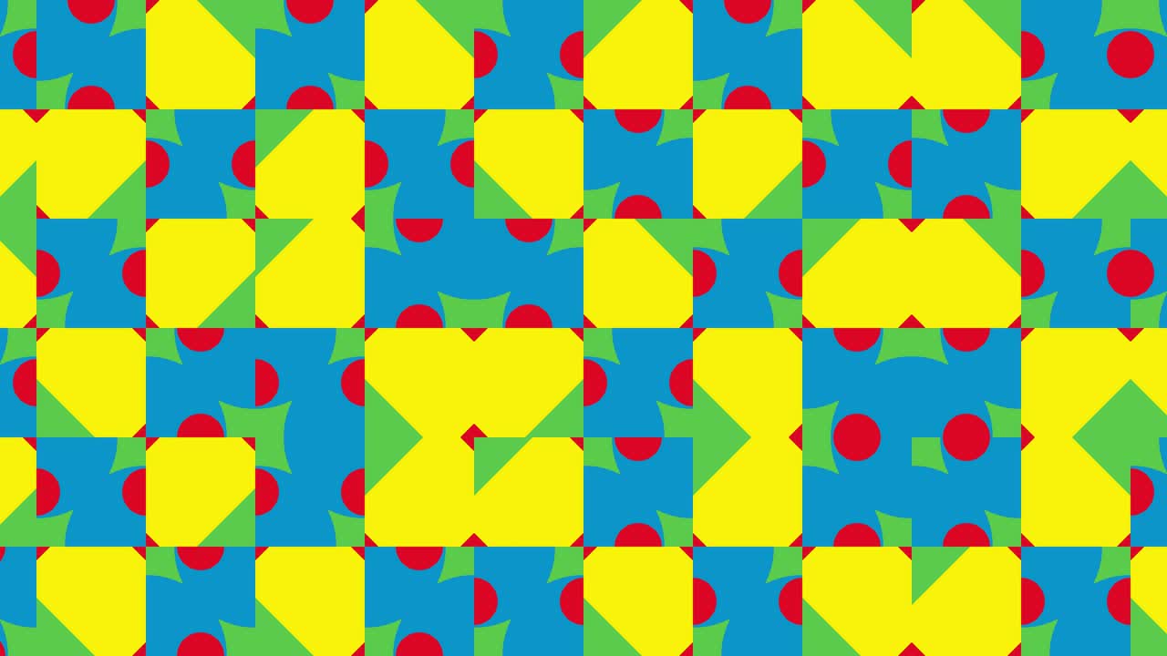 Abstract multicolor shapes in minimal dynamic mosaic. Motion graphic background in a flat design. Geometric pattern with animated tiles in bold primary colors